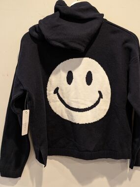 Six Fifty New Smiley Navy Hoodie Sz XS Spring Lightweight Sweater Knit Crop